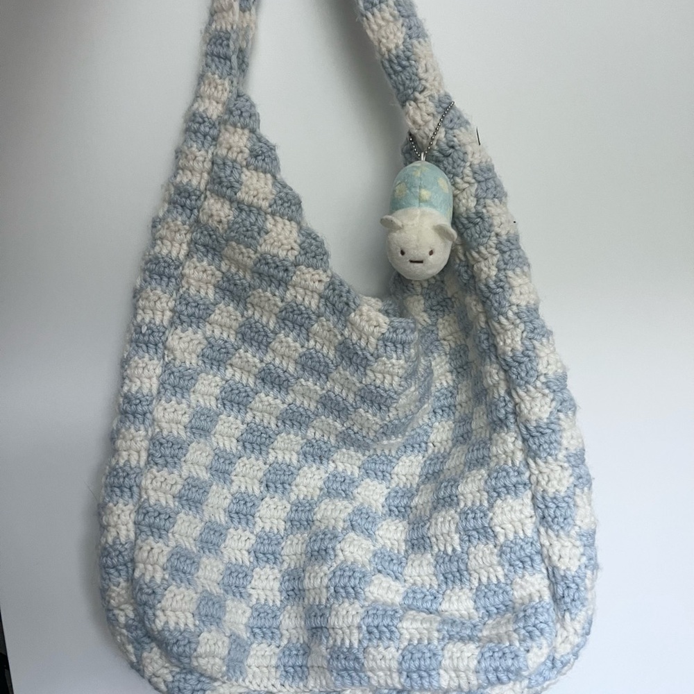 Blue and White Checkered Crochet Bag